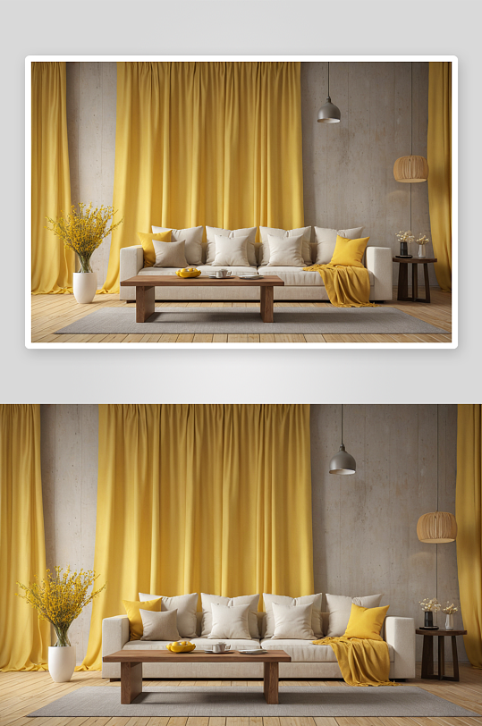 现代室内设计木凳黄色窗帘茶几装饰渲染图片
