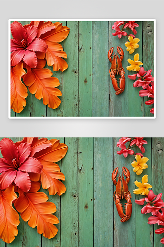 热带龙虾爪螺旋花旧绿色风化木板墙背景图片