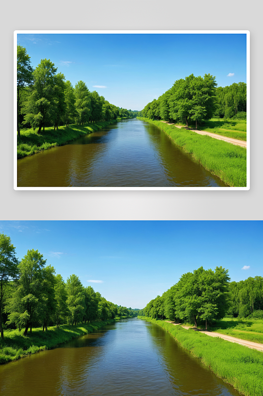 美丽风景河绿色森林树木两岸蓝天背景图片