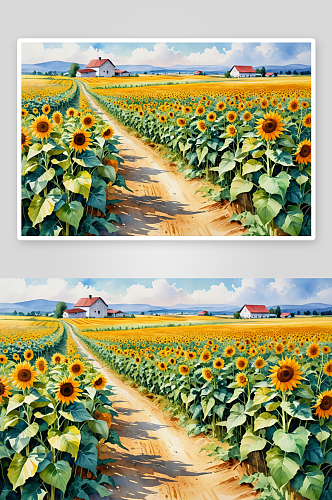 抽象水彩艺术向日葵农场风景如画风景图片