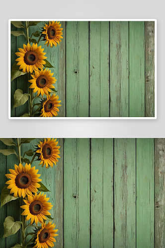 热带向日葵花旧绿色风化木板墙背景图片