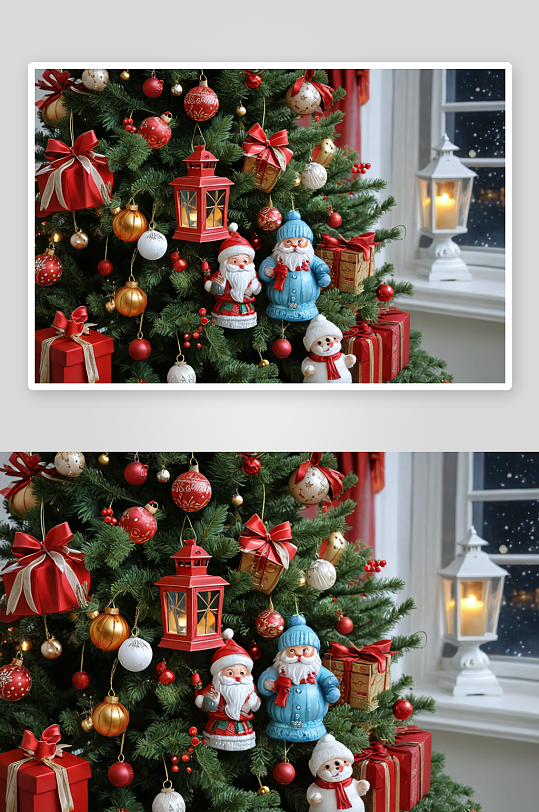 装饰着彩灯礼物圣诞树图片