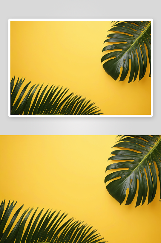 热带棕榈叶孤立明亮黄色背景图片
