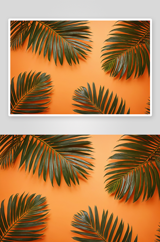 热带棕榈叶孤立明亮橙色背景图片