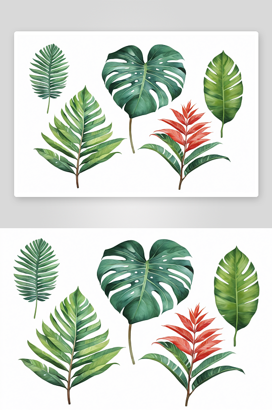 热带植物叶子手绘水粉画图片