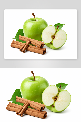 绿苹果切片绿叶肉桂孤立白色背景图片
