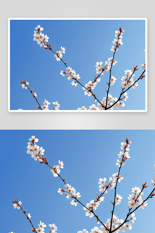 留白春天蓝色天空下白色染井樱花图片
