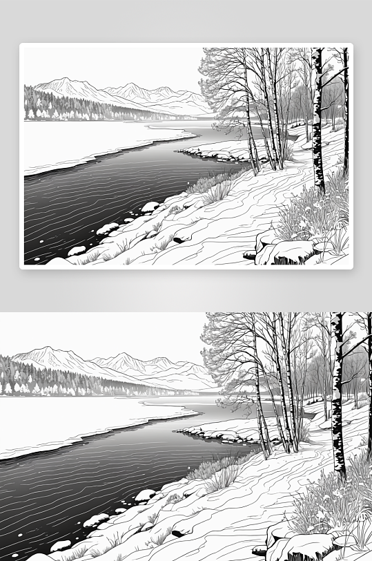 下雪后湖边风景图片