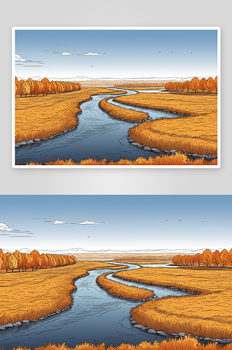 秋天草原河流树林图片