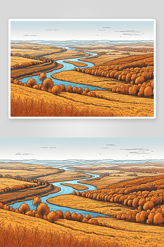 秋天草原河流森林图片