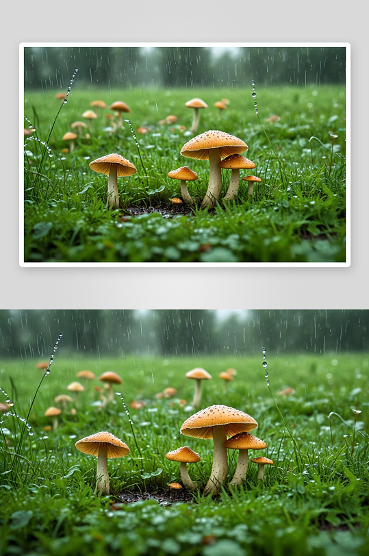 雨季草地雨中食用菌图像童话世界壁纸图片