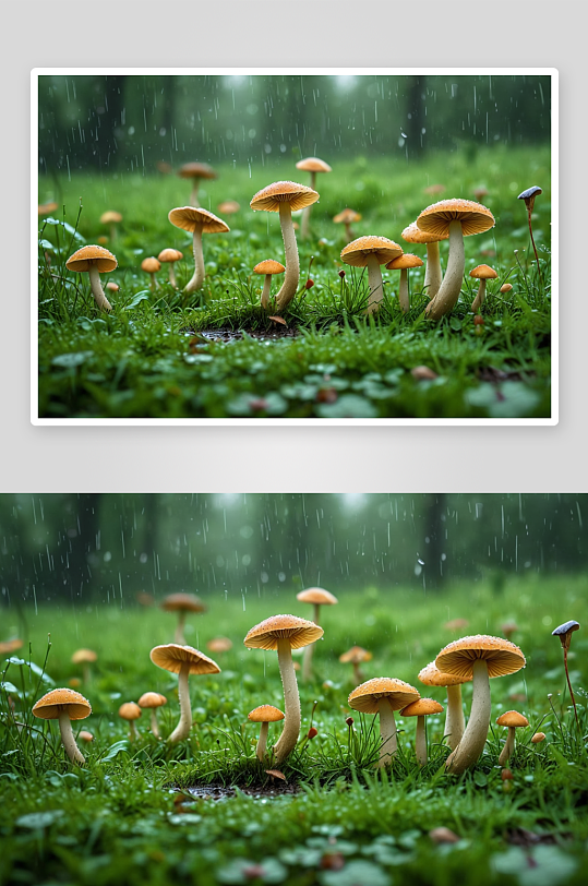 雨季草地雨中食用菌图像童话世界壁纸图片