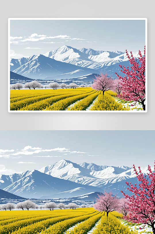 雪山下樱桃树油菜花图片