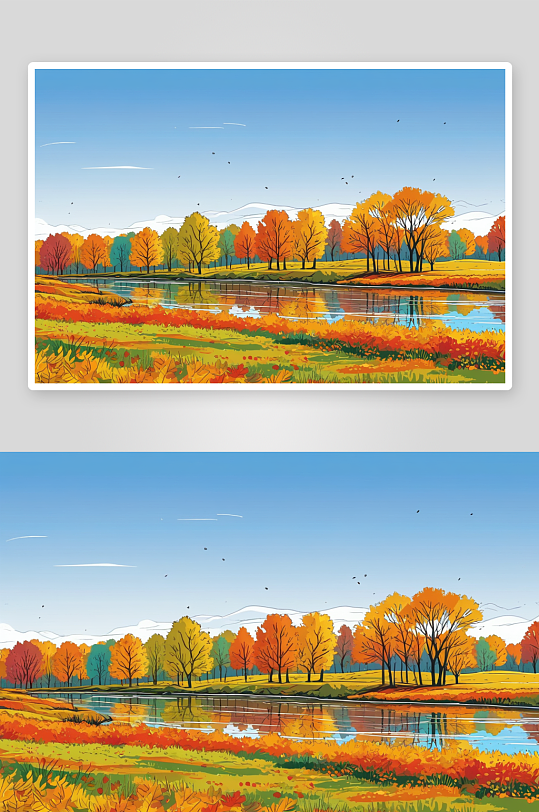 秋天河边多彩树林图片