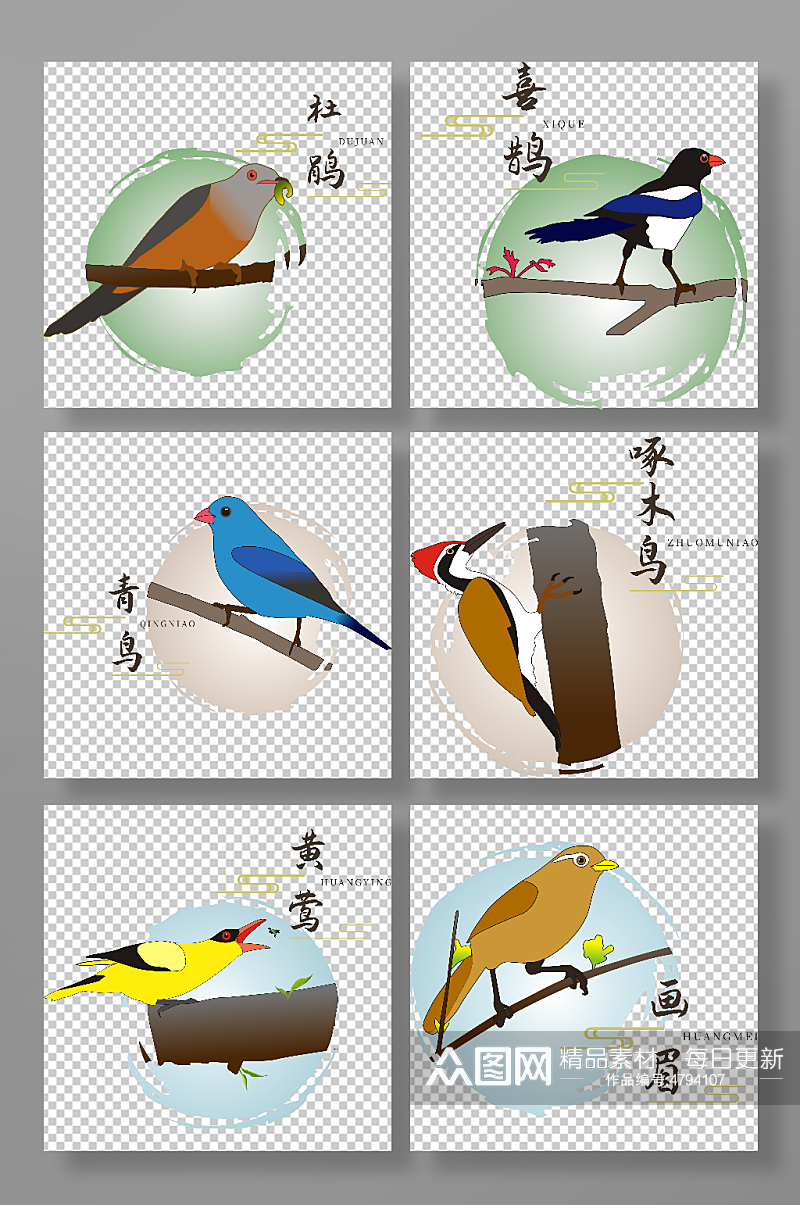 手绘杜鹃喜鹊啄木鸟春季小鸟鸟类元素插画素材