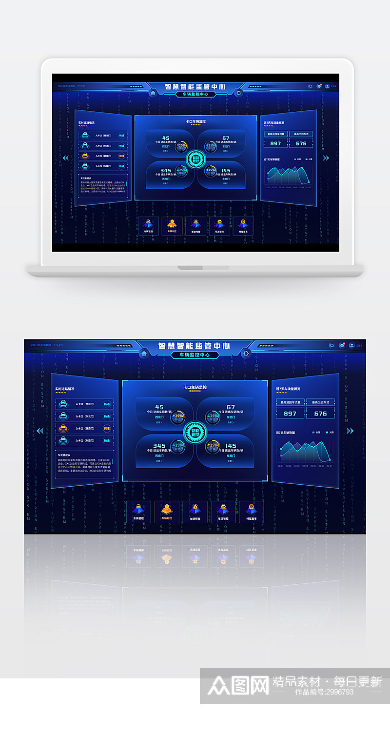 大数据可视化蓝色科技智慧车辆大屏后台统计素材