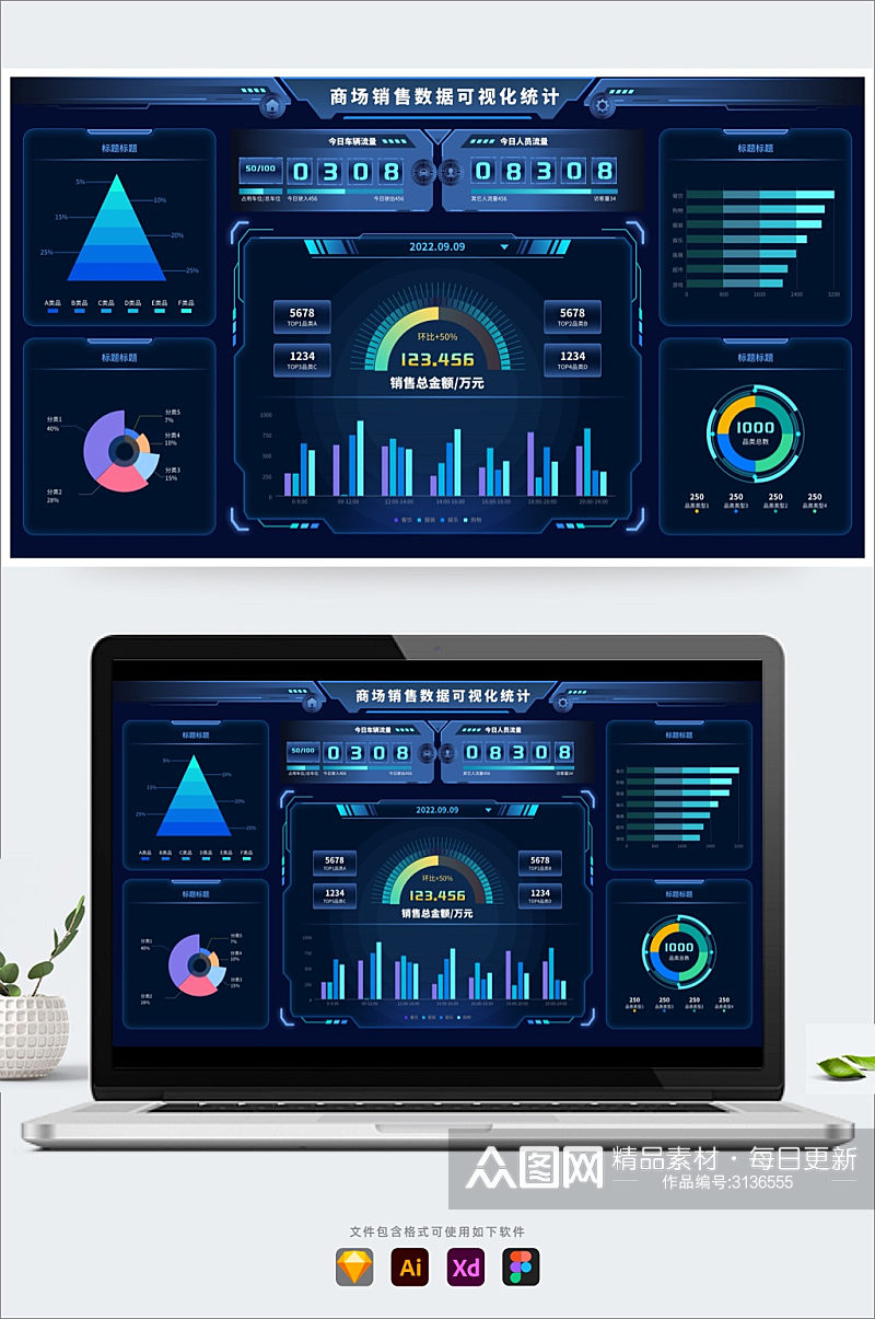 数据可视化科技机械边框UI后台统计系统素材
