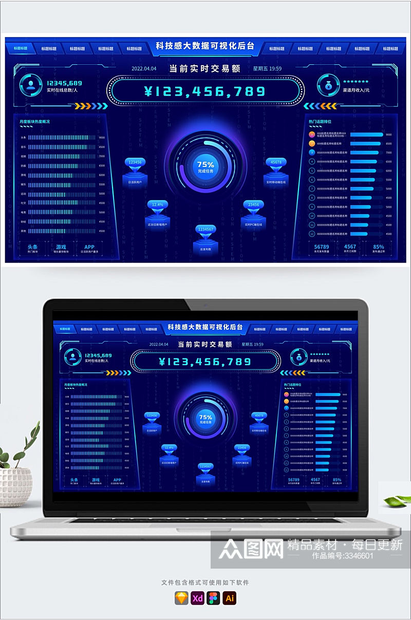 科技蓝大数据可视化立体边框后台Ui首页素材
