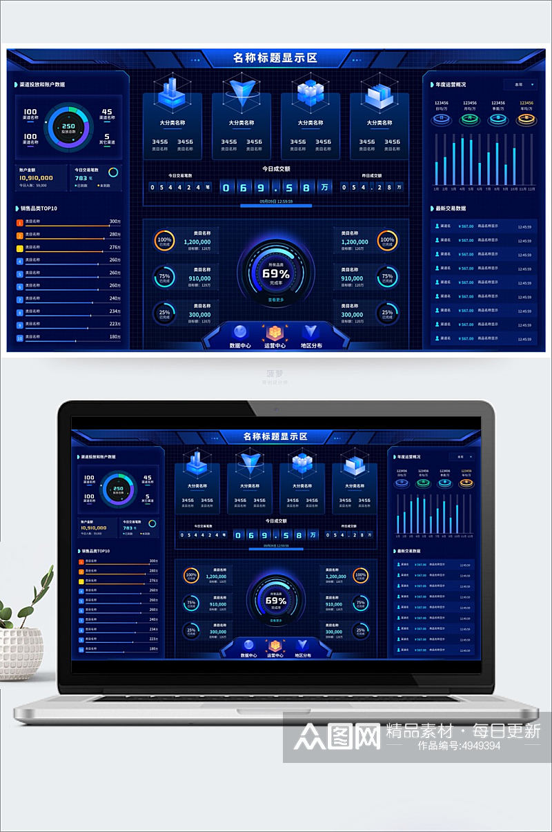 蓝色运营成交数字统计可视化大屏UI首页素材