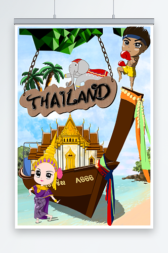 手绘卡通泰国旅游风光插画