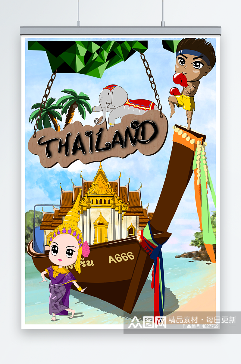 手绘卡通泰国旅游风光插画素材