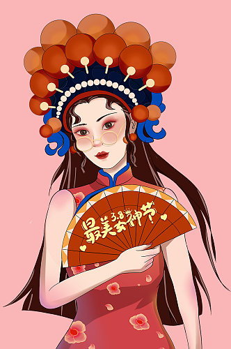 国潮风最美女神节妇女节插画