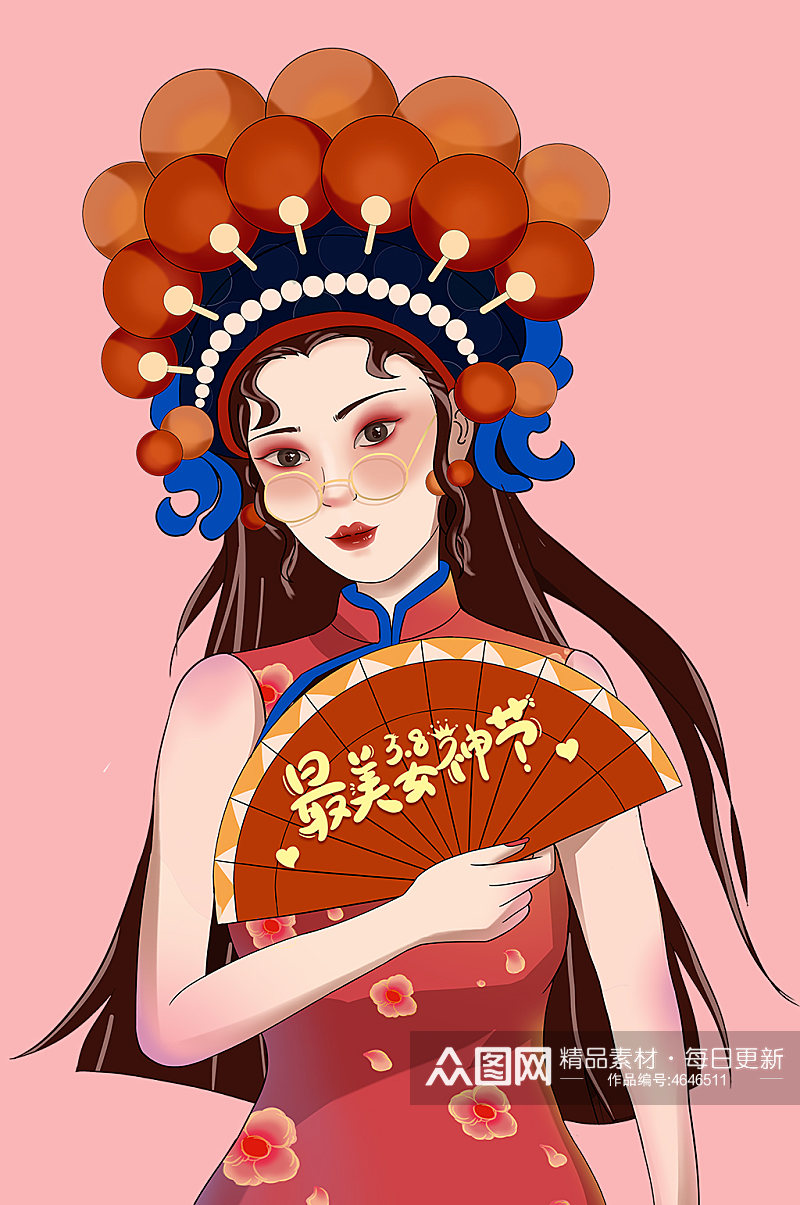 国潮风最美女神节妇女节插画素材