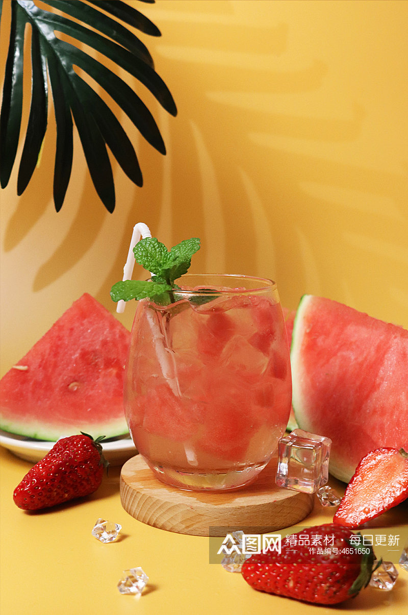 草莓西瓜水果饮料果茶插图夏季摄影照片素材