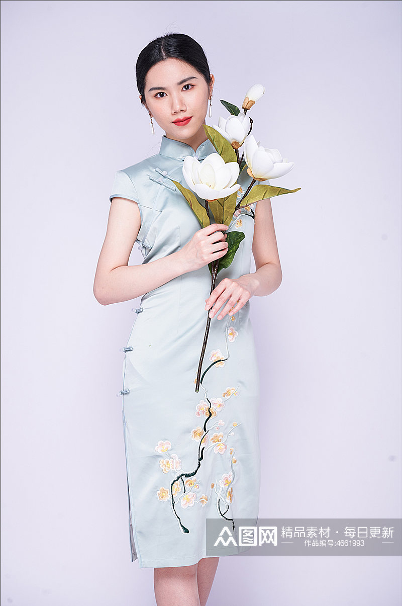 新中式旗袍美女商业鲜花国潮摄影图片照片素材