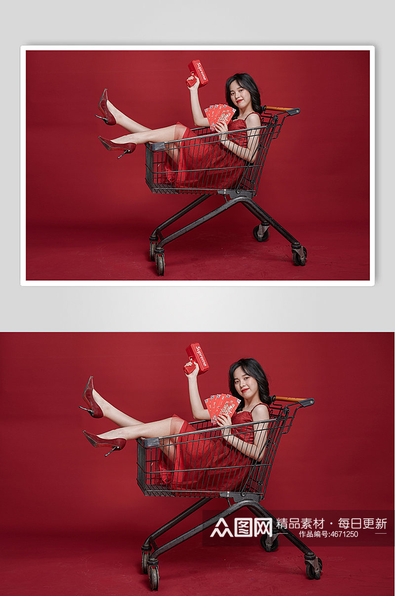 单人红包红裙女生新年购物摄影图素材