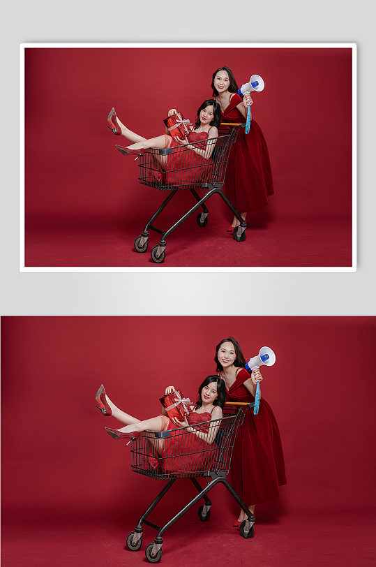 购物节喇叭宣传大促双人女生新年购物摄影图