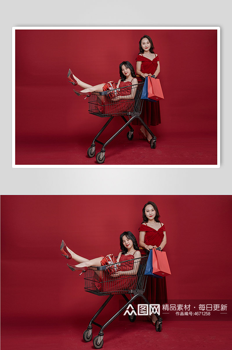 红色大气女神节双人新年购物摄影图素材