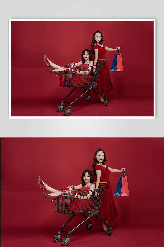 红裙女生双女神节人新年购物摄影图