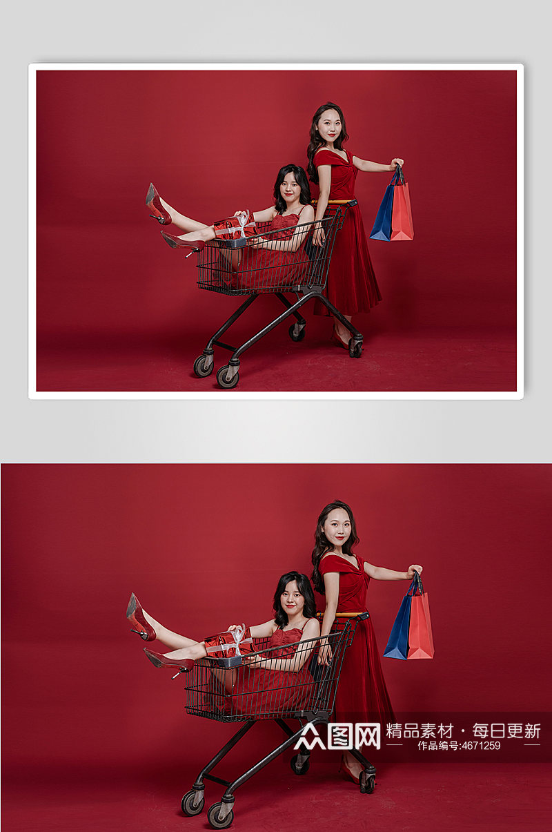 红裙女生双女神节人新年购物摄影图素材
