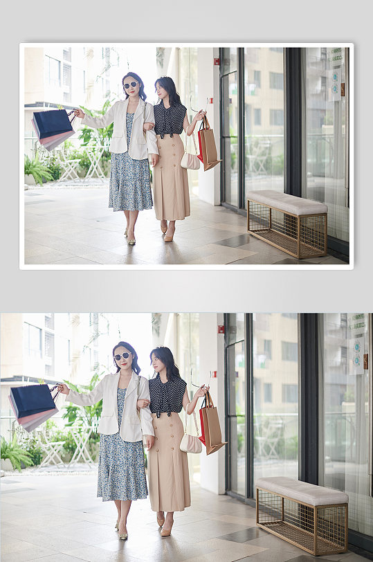 愉快碎花裙女生逛街购物人物摄影图照片