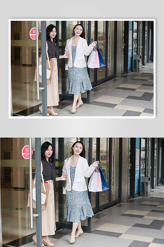 姐妹双人开心逛街购物人物摄影图照片