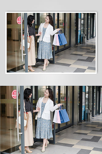 开心女生双人商场逛街购物人物摄影图照片