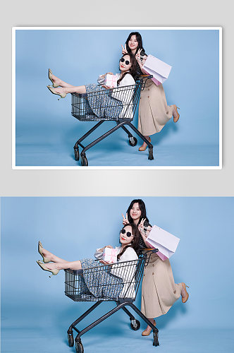 碎花裙女生双人逛街购物人物摄影图照片