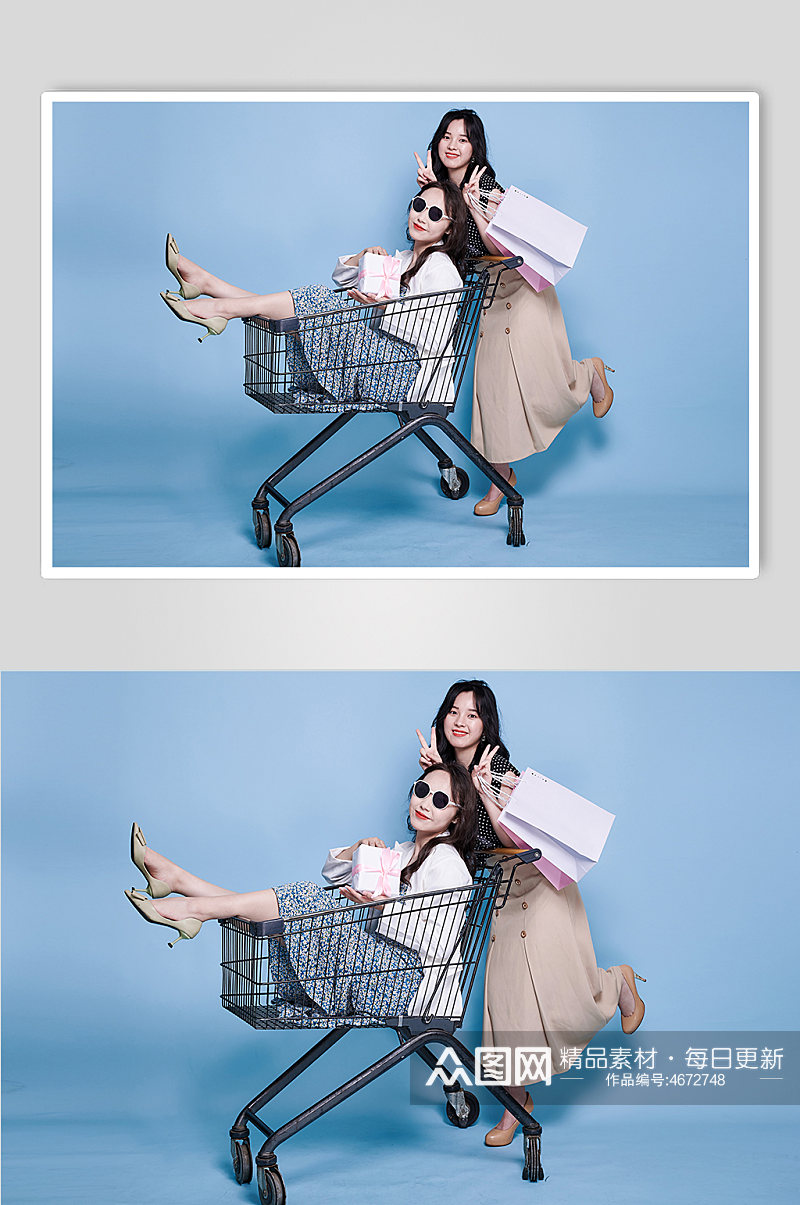 碎花裙女生双人逛街购物人物摄影图照片素材