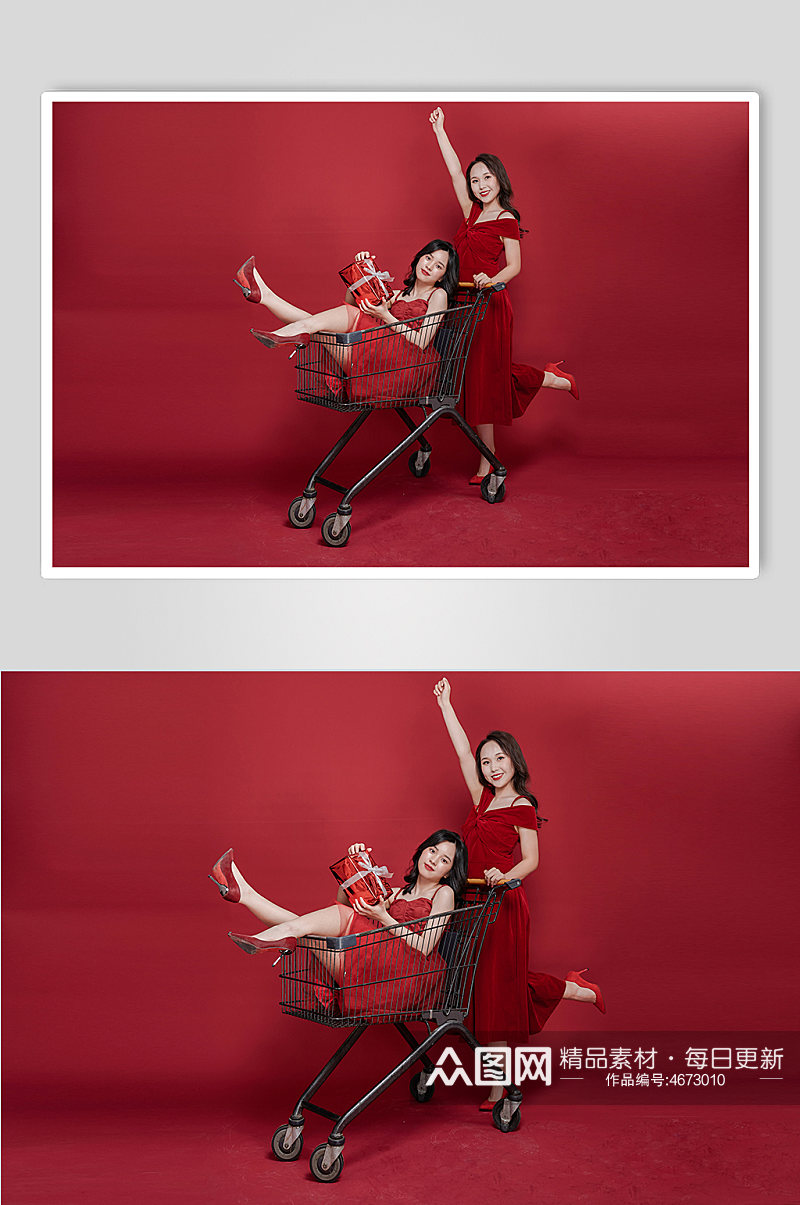 喜庆红裙女生双人超市购物车购物人物摄影图素材