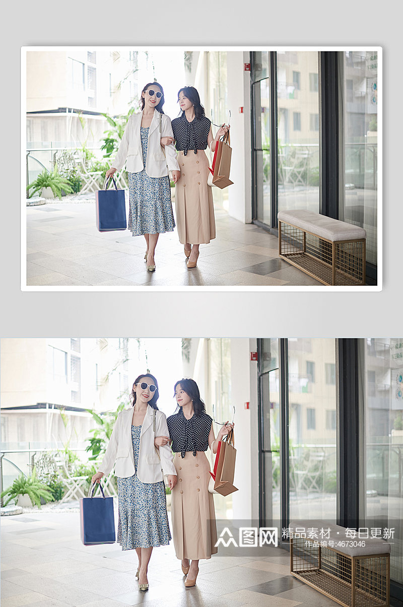 职业女性双人商业街逛街购物人物摄影图素材