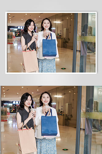职业女性双人奶茶商场逛街购物人物摄影图