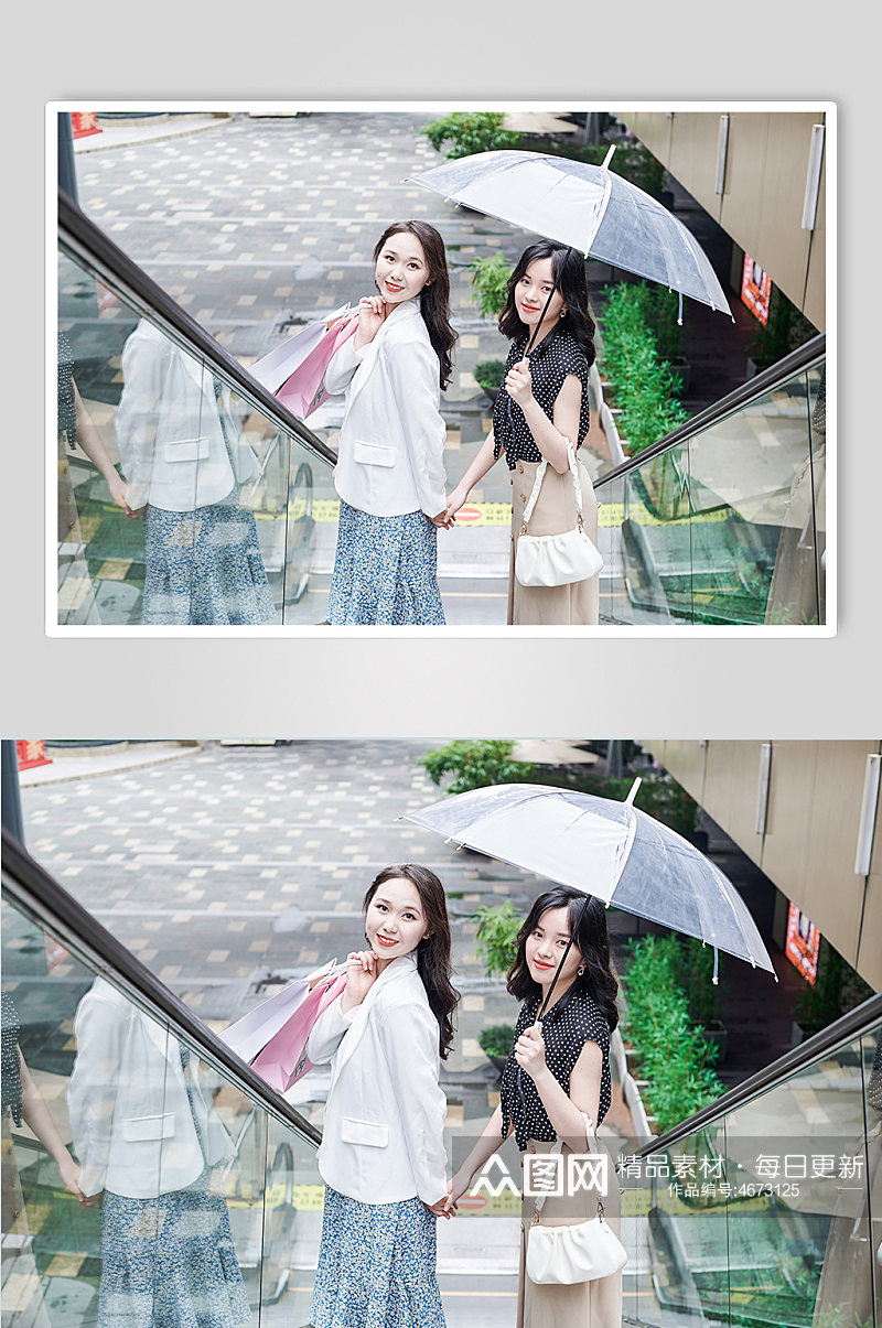 碎花裙美女雨伞逛街购物人物摄影图照片素材