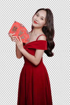 红裙子女生红包新年购物精修PNG摄影图