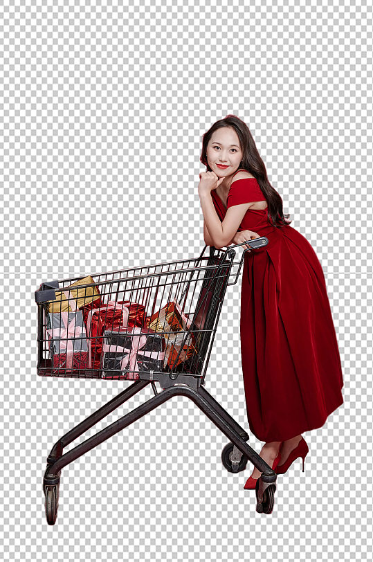 红裙子女生单人新年购物精修PNG摄影图