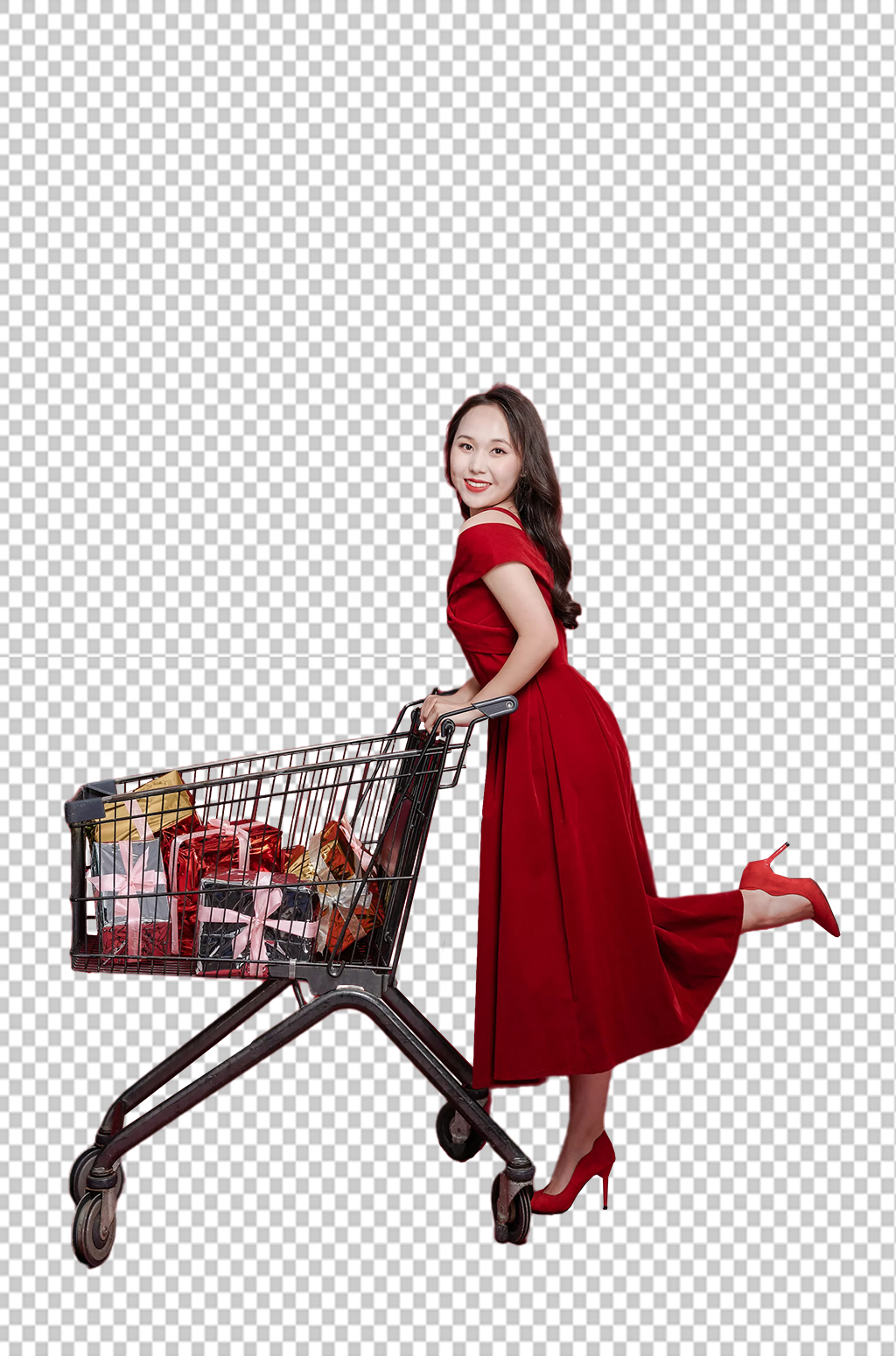 红裙子女生单人新年购物精修PNG摄影图素材
