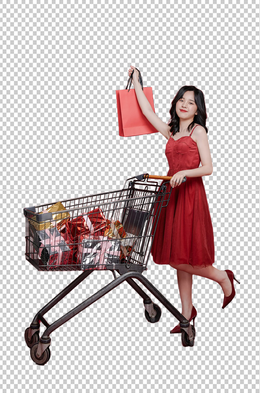 红裙子女生单人新年购物精修PNG摄影图素材