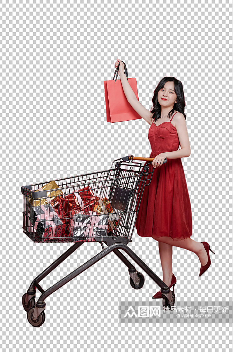 红裙子女生单人新年购物精修PNG摄影图素材