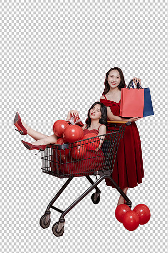 红裙子女生双人新年购物精修PNG摄影图
