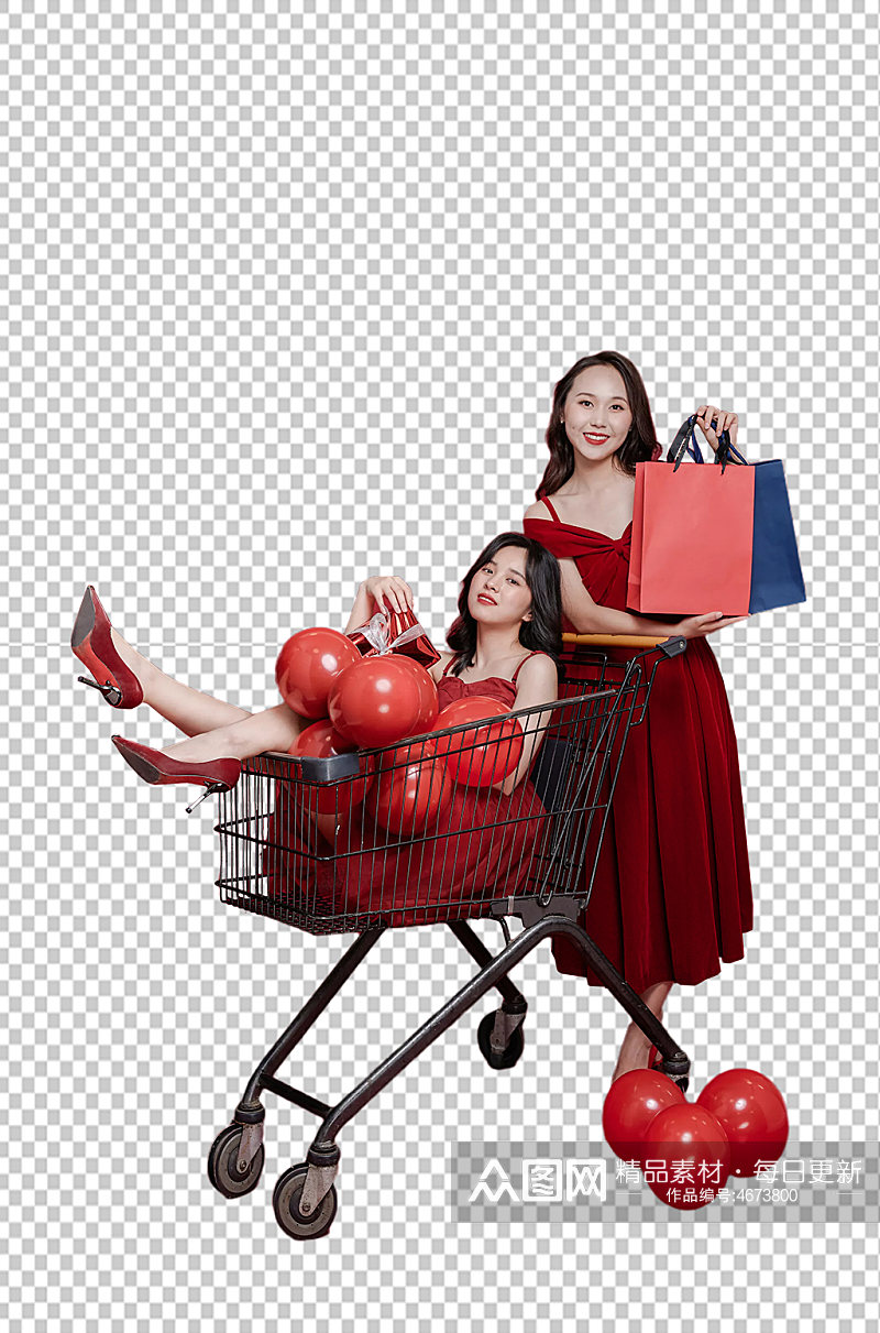 红裙子女生双人新年购物精修PNG摄影图素材